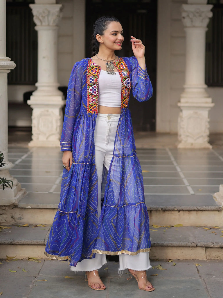 Pretty Blue Georgette Bandhani Printed Navratri Wear Long Shrug