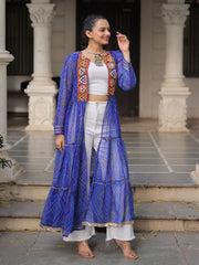 Pretty Blue Georgette Bandhani Printed Navratri Wear Long Shrug