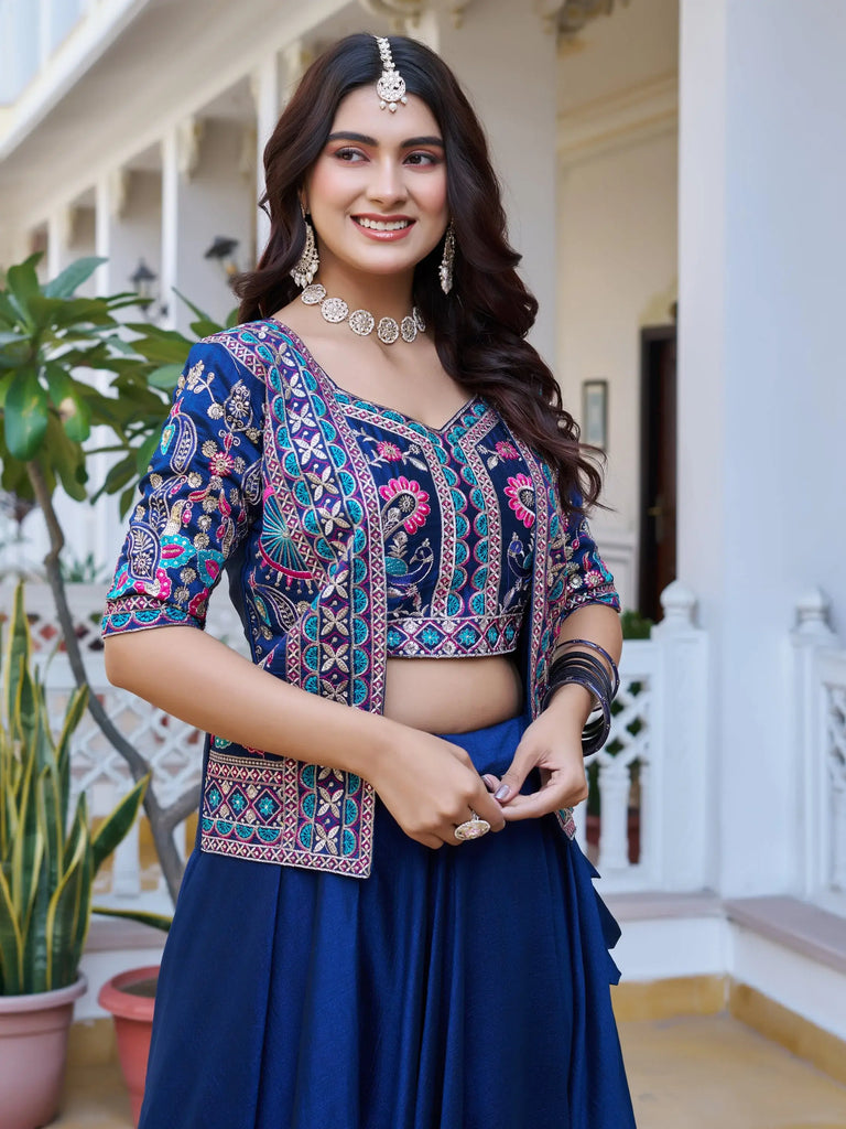 Lovely Blue Embroidered Silk Wedding Wear Lehenga Choli With Jacket