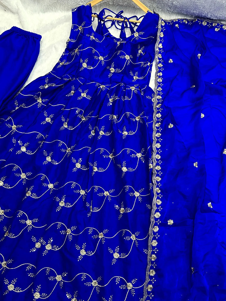 Impressive Blue Embroidered Silk Festival Wear Gown With Dupatta
