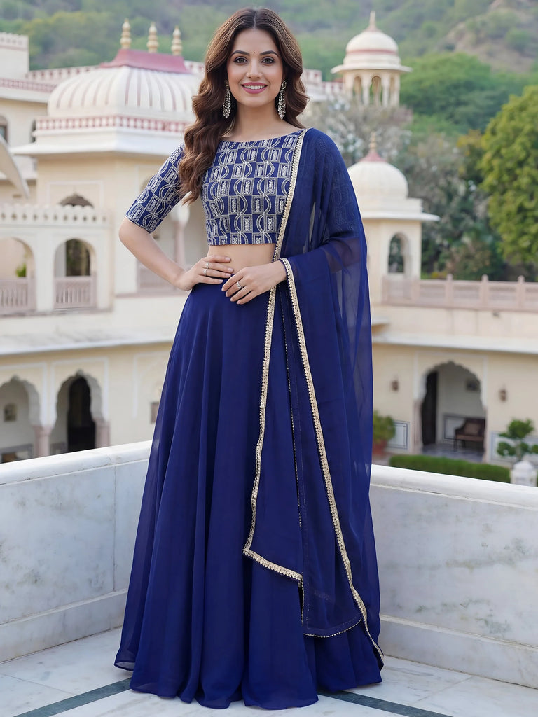 Wonderful Royal Blue Embroidered Georgette Festive Wear Lehenga Choli