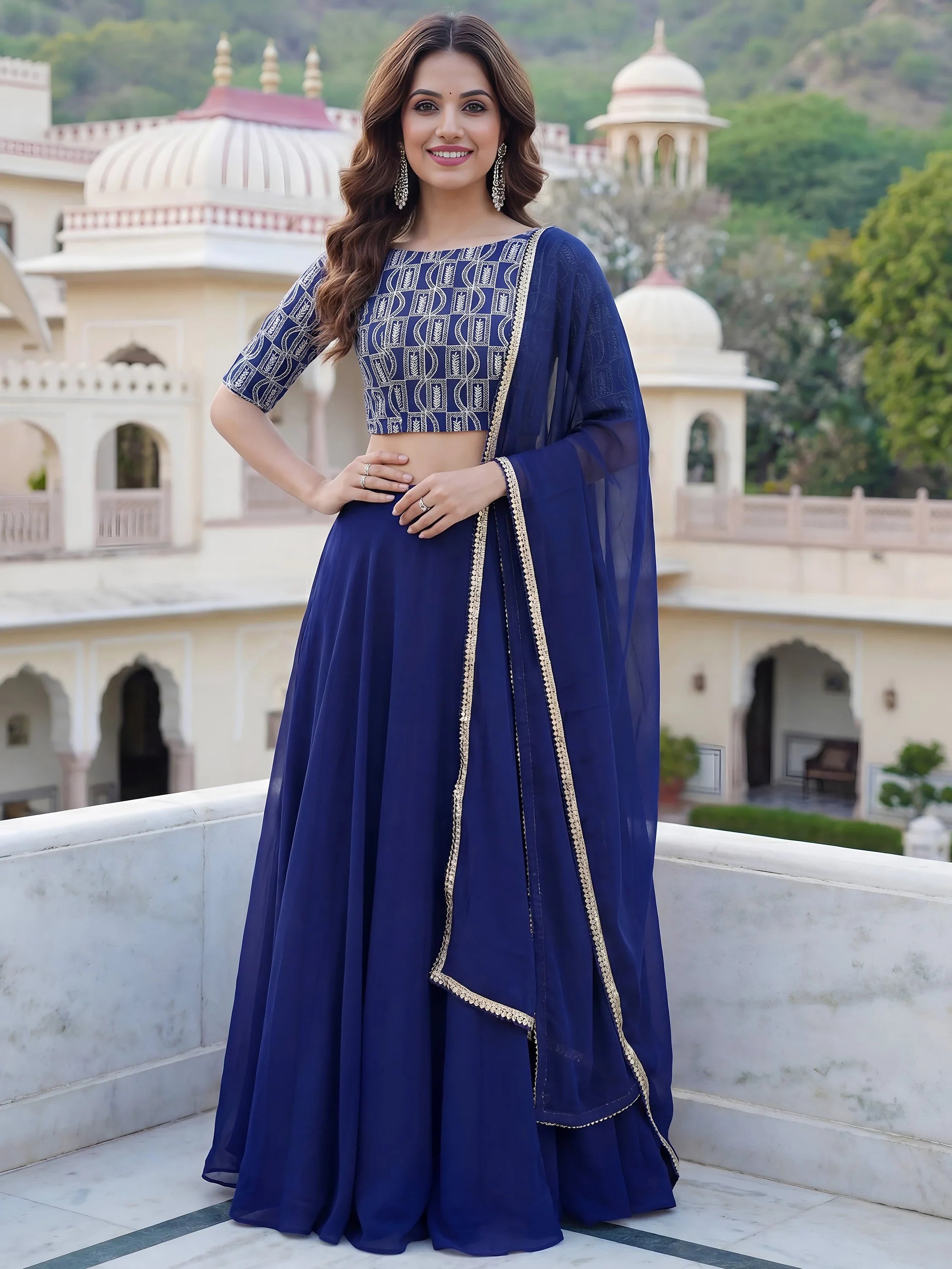 Wonderful Royal Blue Embroidered Georgette Festive Wear Lehenga Choli