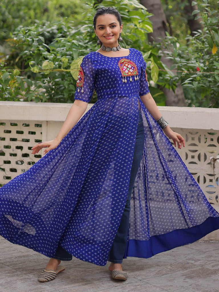 Fabulous Blue Georgette Bandhani Printed Navratri Wear Kurti