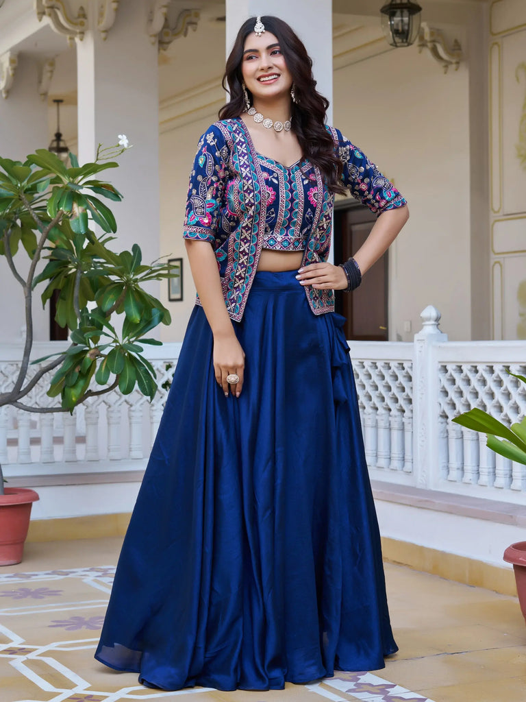 Lovely Blue Embroidered Silk Wedding Wear Lehenga Choli With Jacket