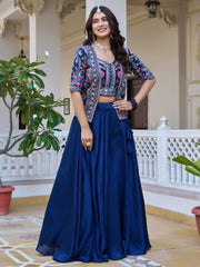 Lovely Blue Embroidered Silk Wedding Wear Lehenga Choli With Jacket