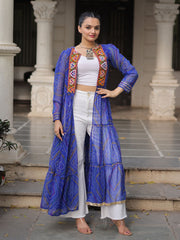 Pretty Blue Georgette Bandhani Printed Navratri Wear Long Shrug