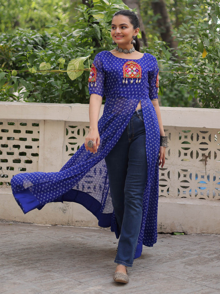 Fabulous Blue Georgette Bandhani Printed Navratri Wear Kurti