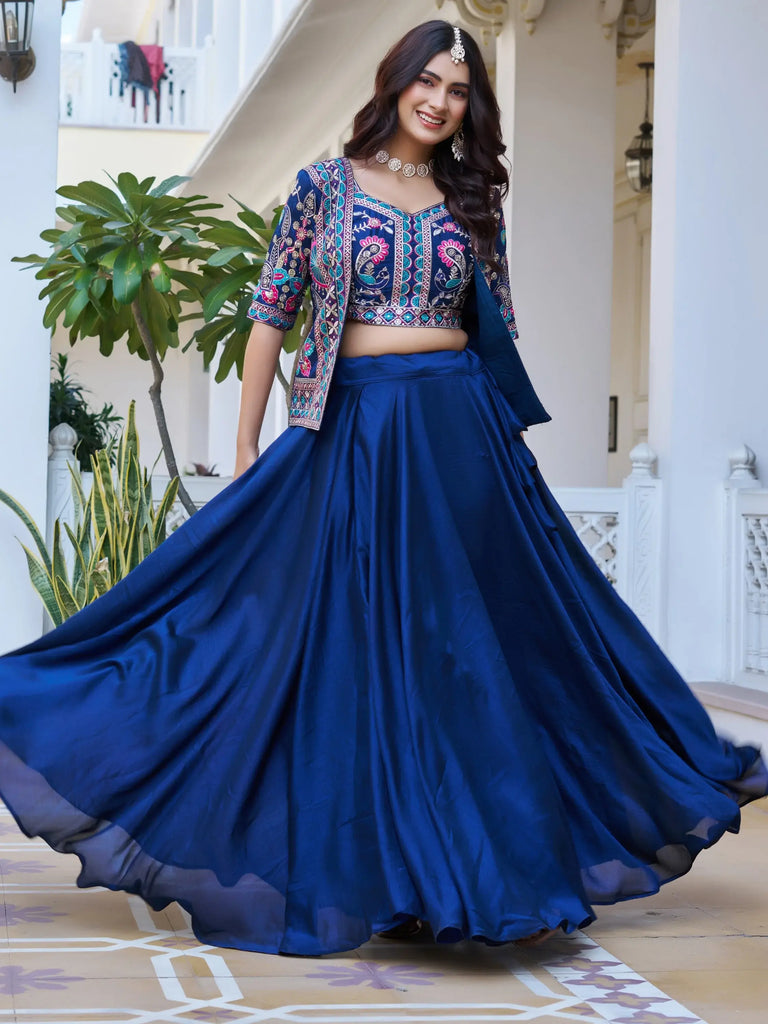 Lovely Blue Embroidered Silk Wedding Wear Lehenga Choli With Jacket