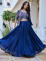 Lovely Blue Embroidered Silk Wedding Wear Lehenga Choli With Jacket