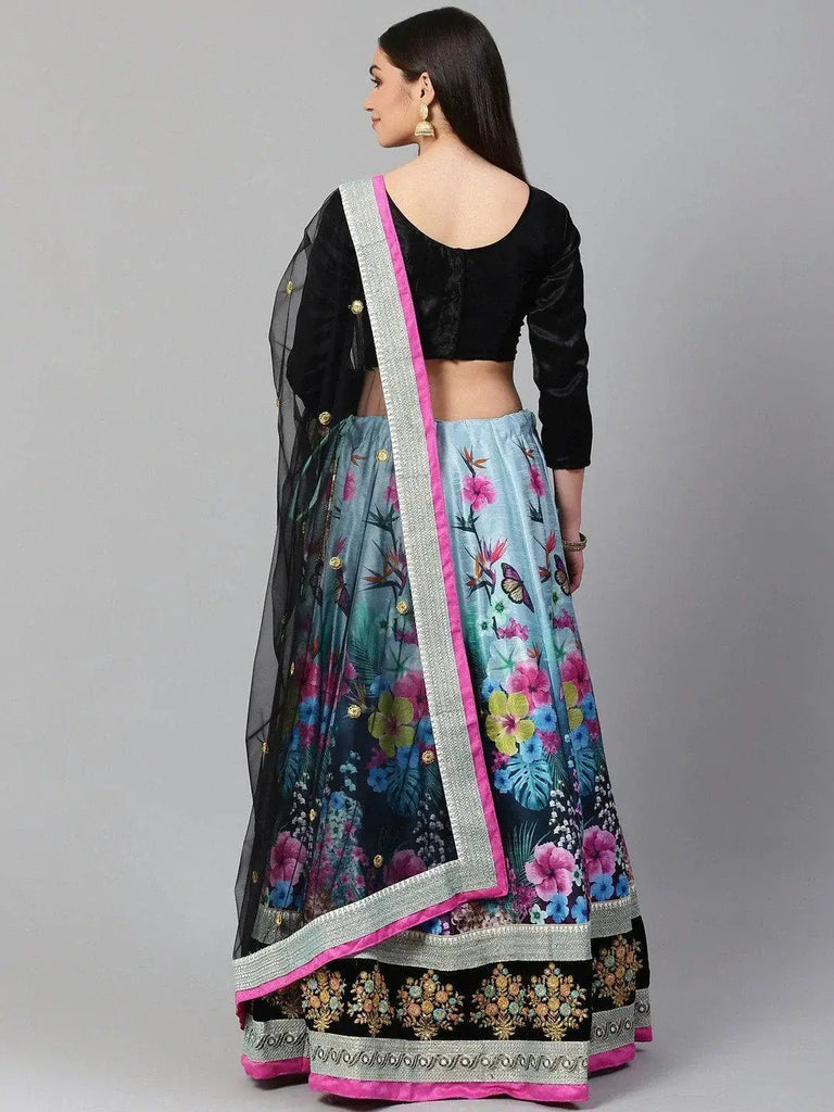 Blue & Black Solid Semi-Stitched Myntra Lehenga & Unstitched Blouse with Dupatta