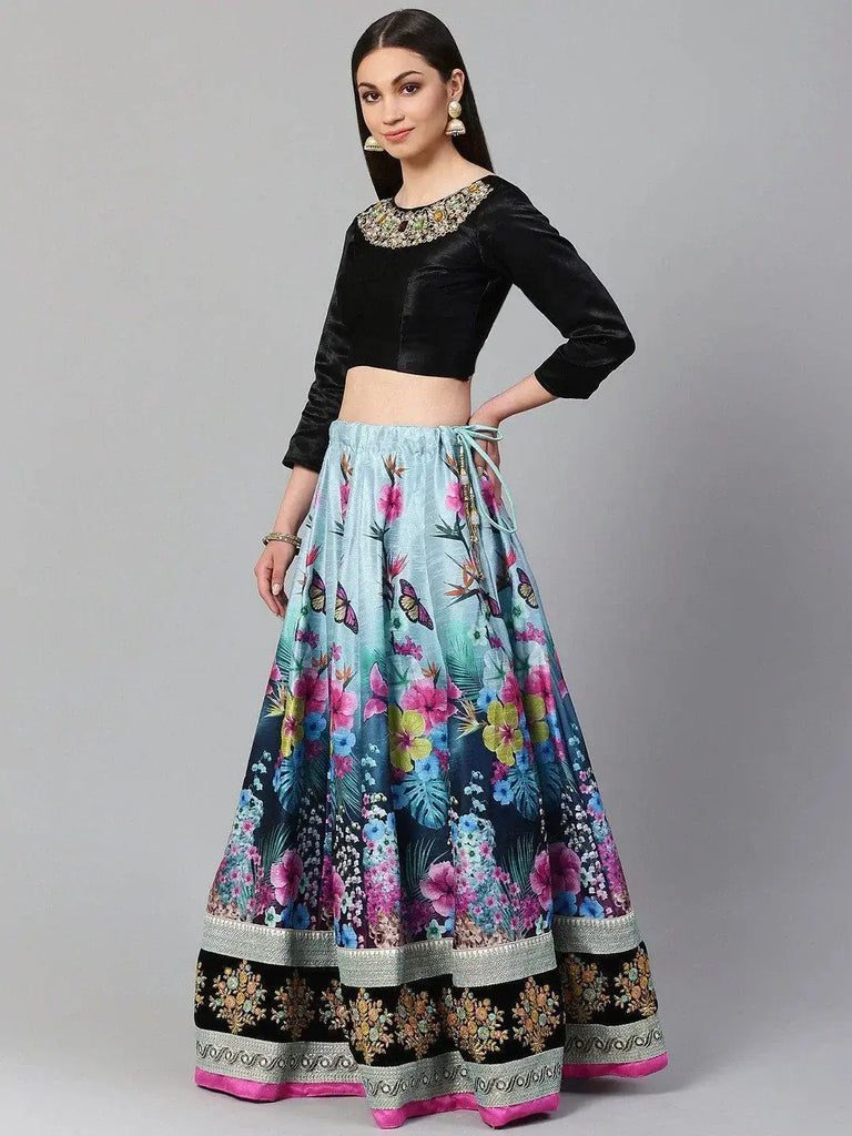 Blue & Black Solid Semi-Stitched Myntra Lehenga & Unstitched Blouse with Dupatta