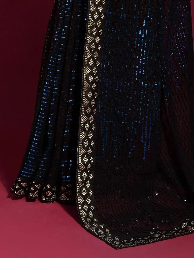 Glowing Black Georgette Modern Sequins Work Event Wear Saree