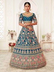 Blue Rose Embroidered Silk Bridal Lehenga Choli