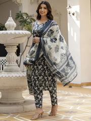 Awesome Grey Floral Print Cotton Daily Wear Salwar Suit