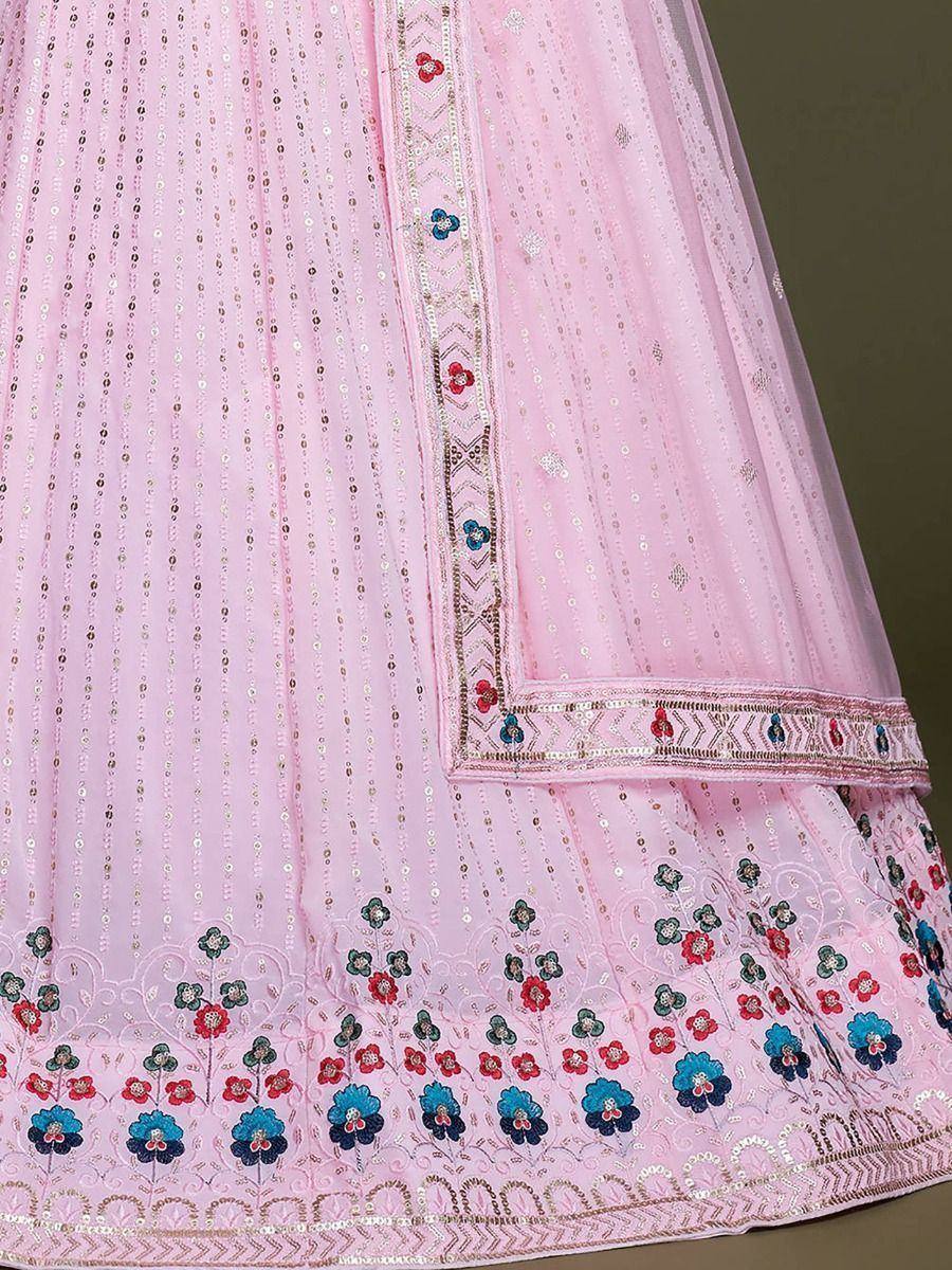 Pink embroidered lehenga with floral motifs and sequin detailing, ideal for ethnic wear occasions