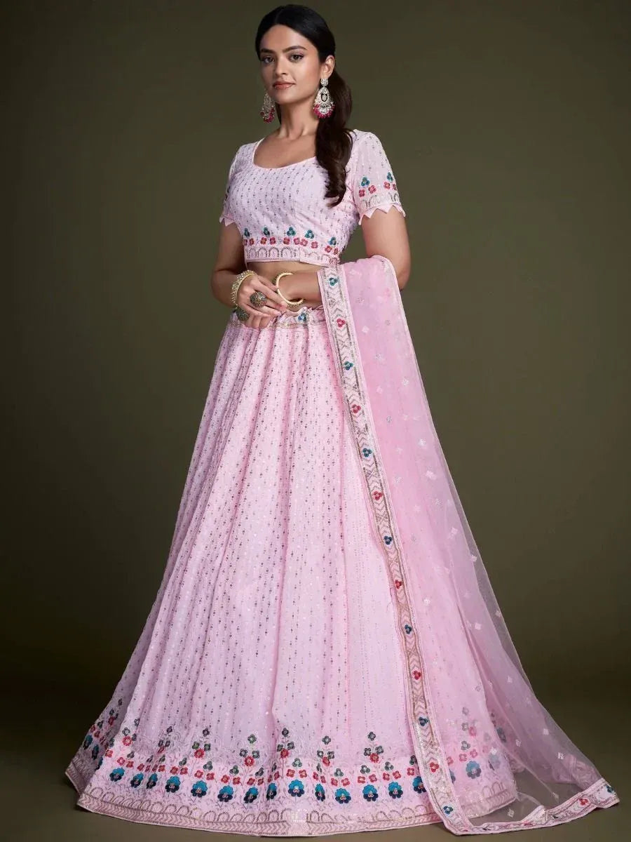 Pink floral embroidered lehenga choli with matching dupatta, perfect for Indian ethnic occasions
