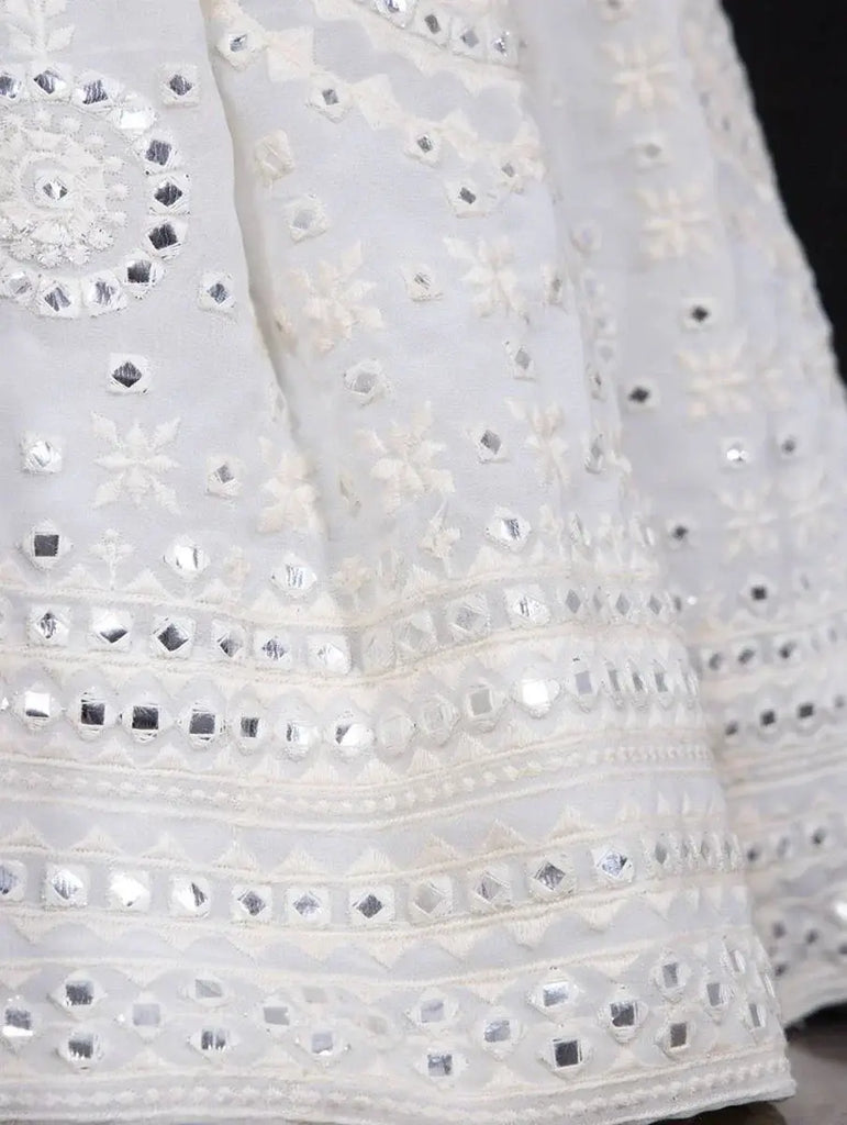 Marvelous White Lucknowi Georgette Lehenga Choli With Multi Color Dupatta