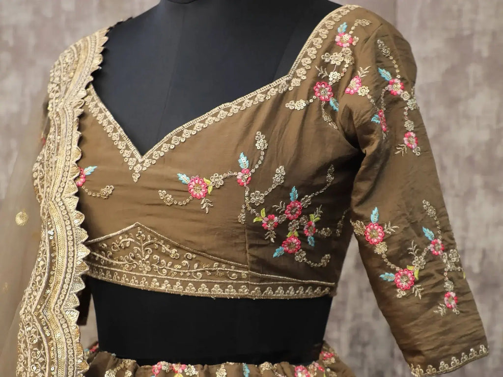 Adorning Brown Embroidery Chinon Silk Wedding Wear Lehenga Choli
