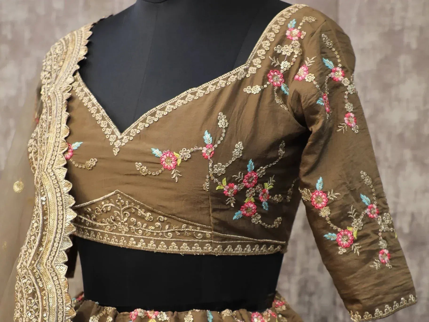 Brown embroidered lehenga choli with floral zari work and scalloped dupatta, Indian ethnic wear