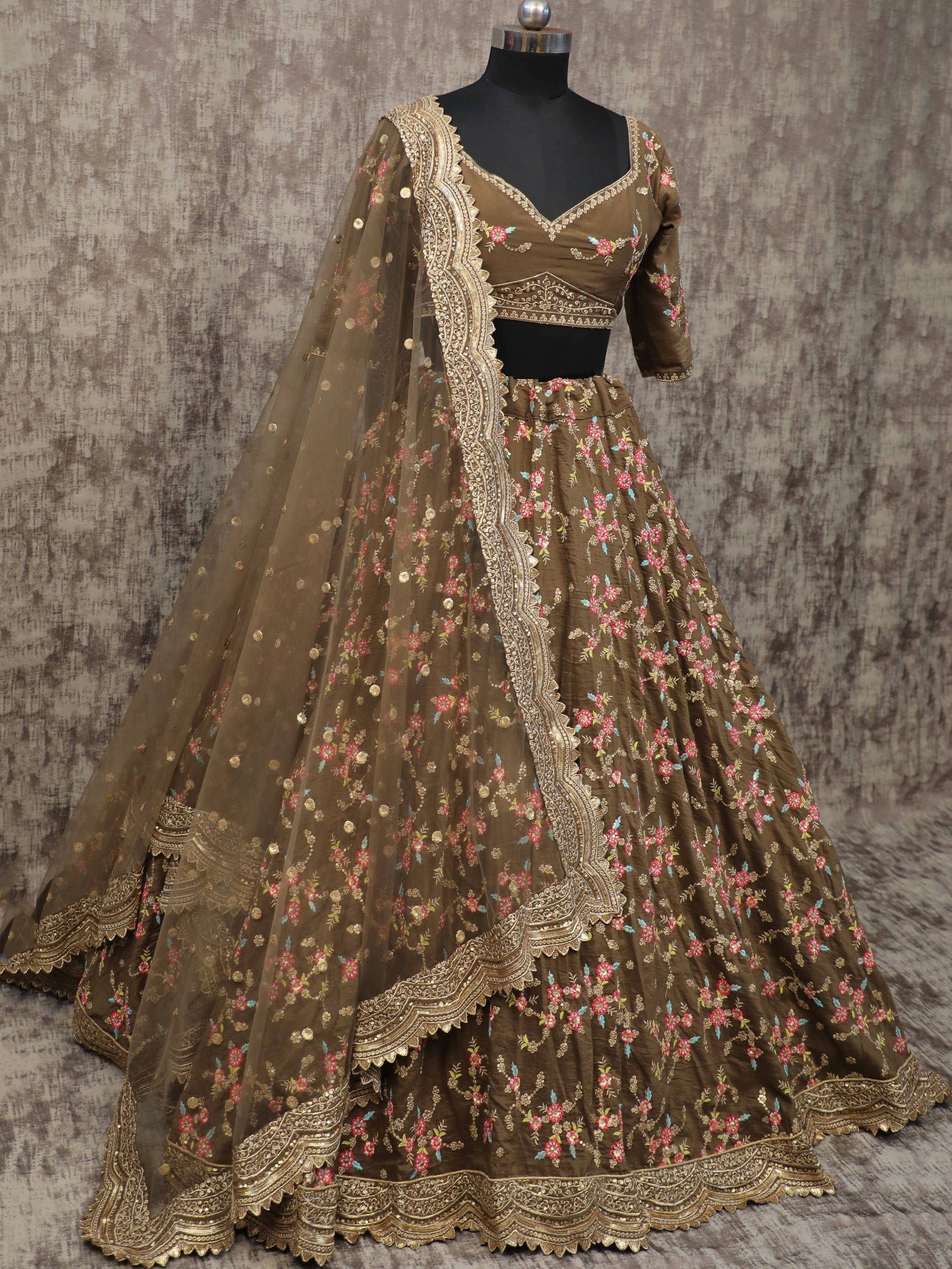 Brown floral embroidered lehenga choli with gold detailing and sheer dupatta, Indian ethnic wear