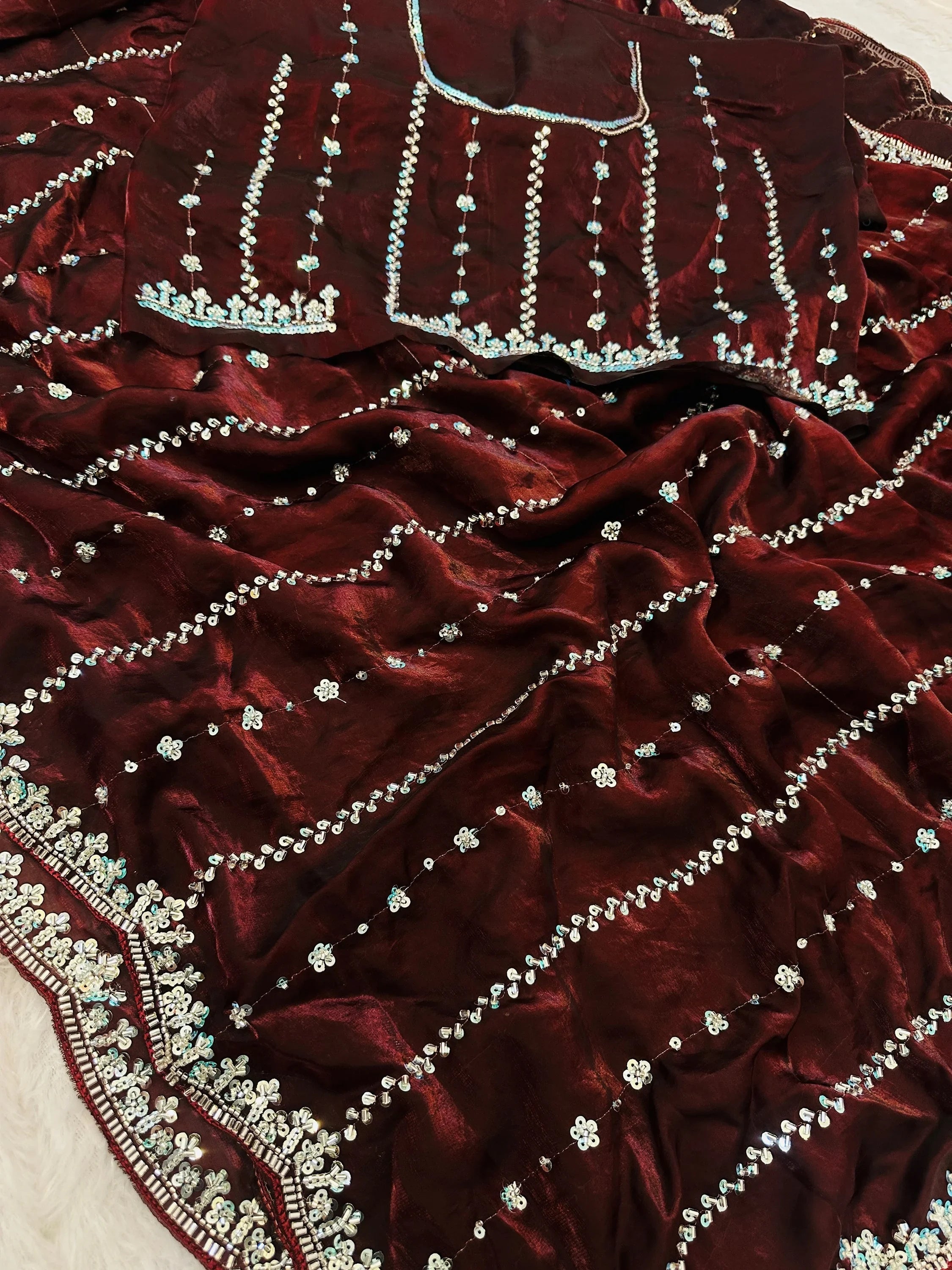 Outstanding Brown Sequins Satin Engagement Wear Saree With Blouse