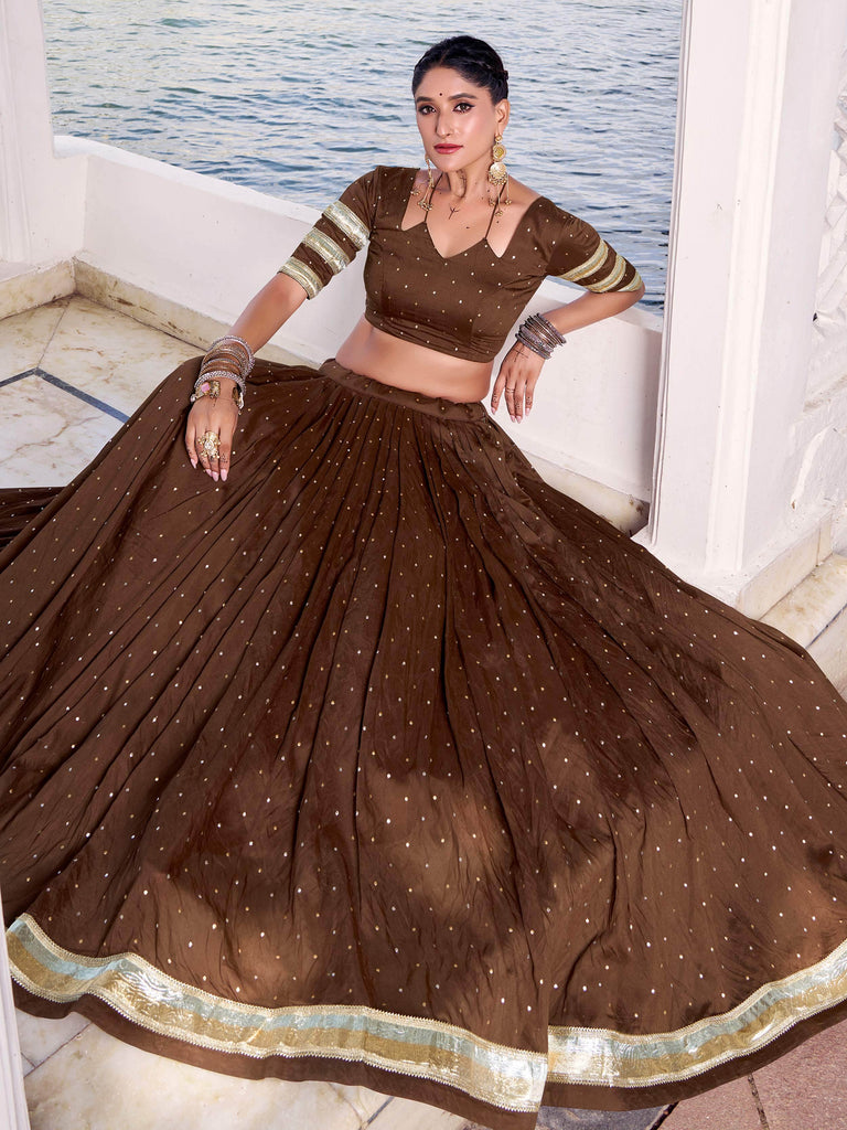 Adorning Brown Chanderi Zari Weaving Lehenga Choli With Dupatta