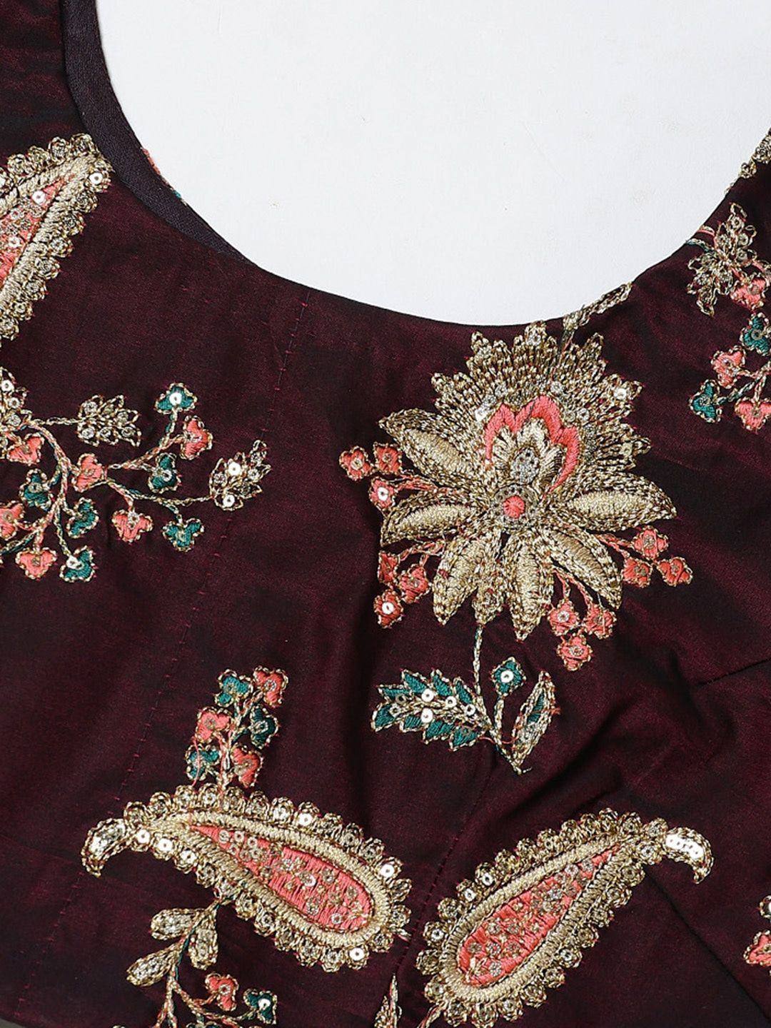 Maroon ethnic blouse with gold floral and paisley embroidery, perfect for Indian wear