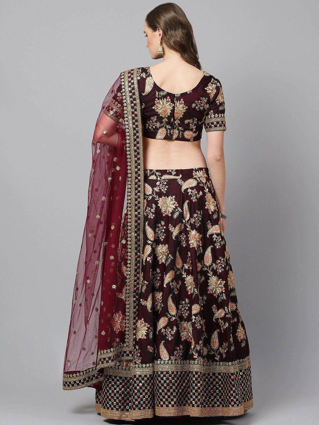 Maroon floral embroidered lehenga choli with sheer dupatta, ethnic Indian wear for women