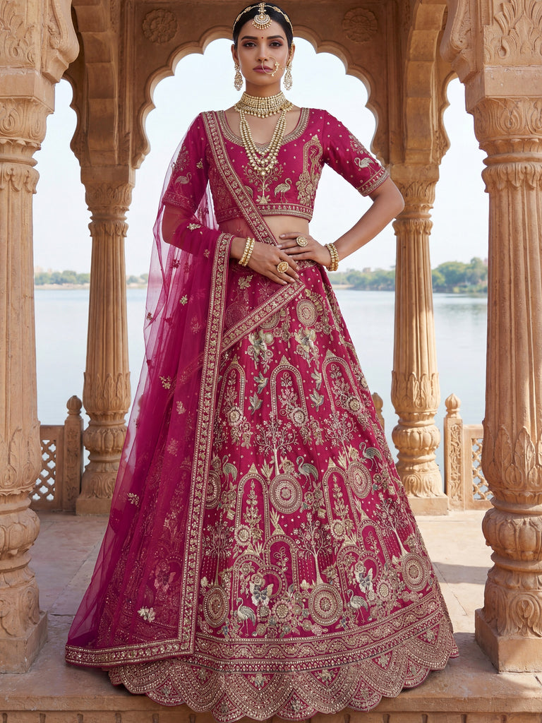 Classic Pink Embroidered Silk Bridal Lehenga Choli With Double Dupatta