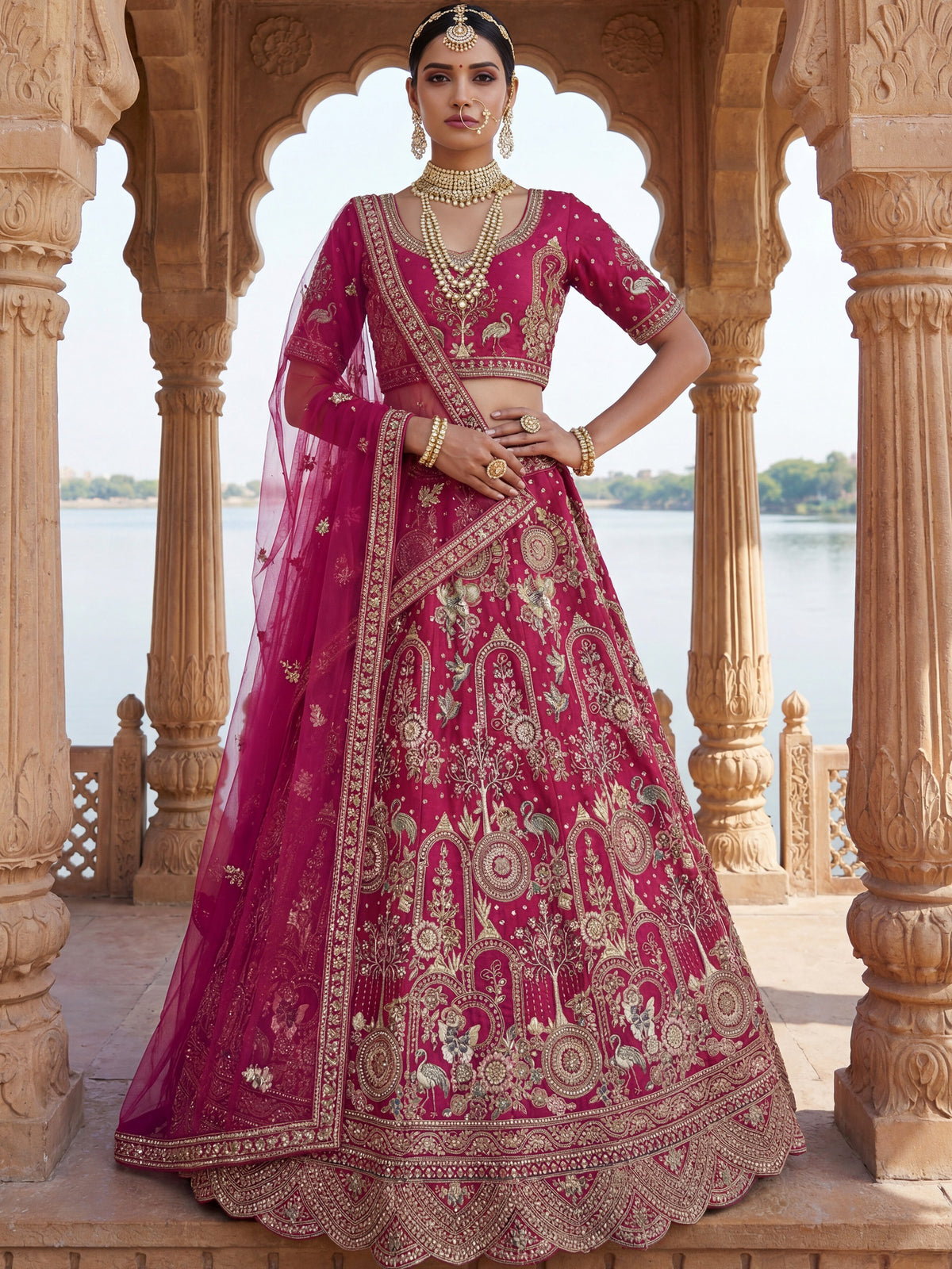 Classic Pink Embroidered Silk Bridal Lehenga Choli With Double Dupatta