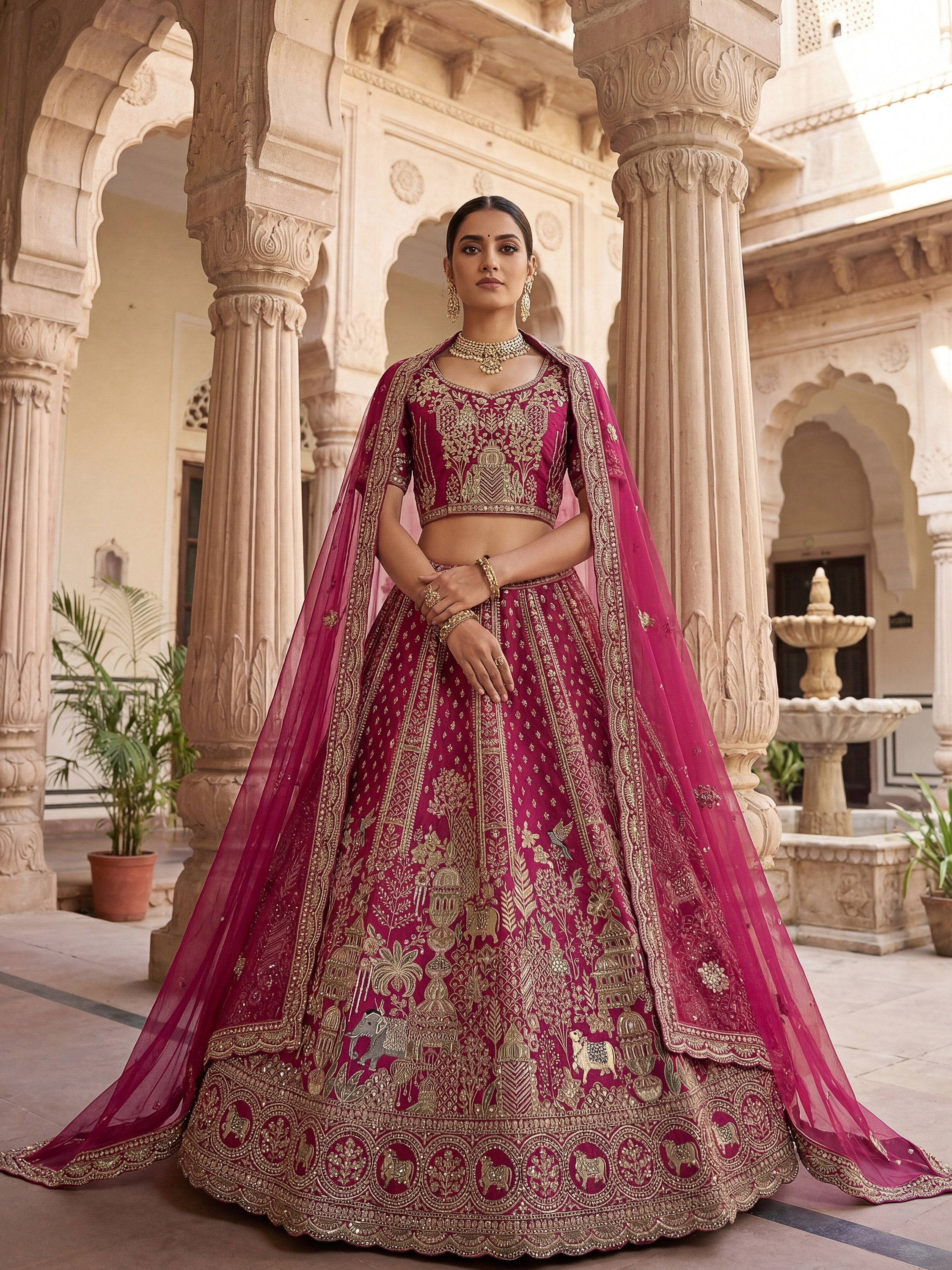 Elegant Pink Embroidered Silk Bridal Lehenga Choli With Double Dupatta