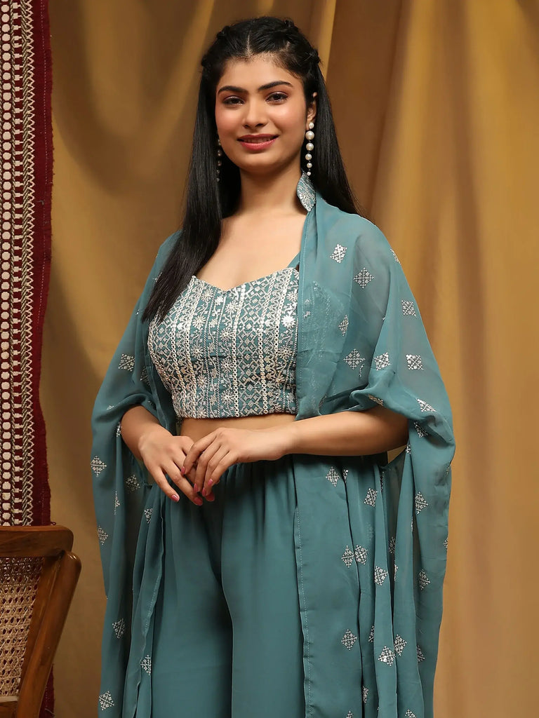 Ravishing Pastel Blue Georgette Party Wear Palazzo Top With Shrug