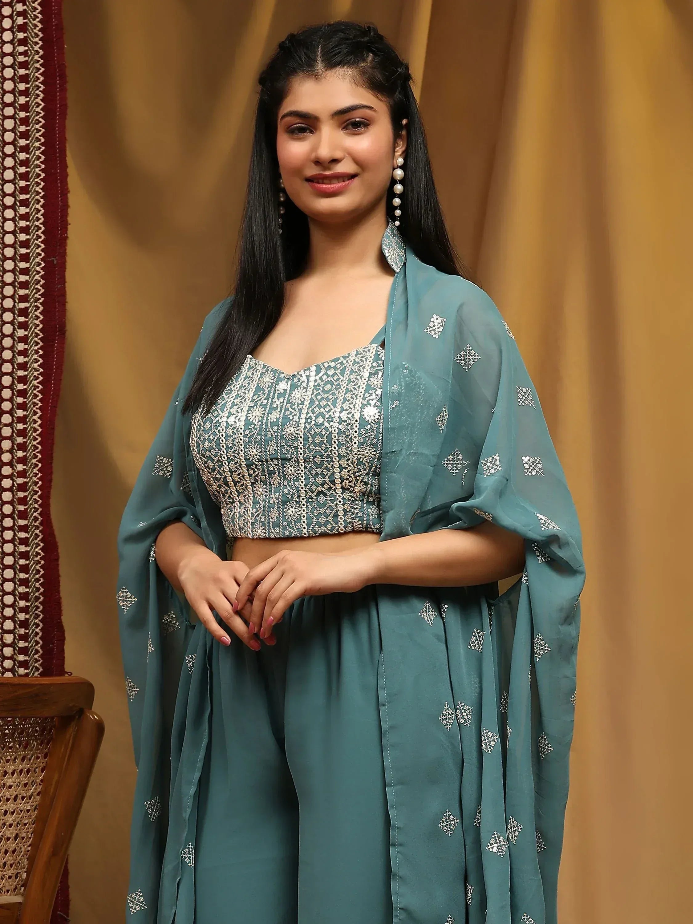 Teal embroidered ethnic crop top with matching palazzo pants and dupatta, perfect for Indian occasions