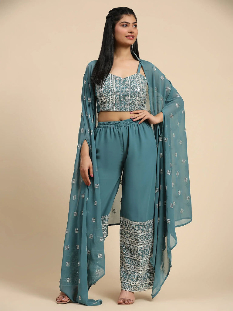 Ravishing Pastel Blue Georgette Party Wear Palazzo Top With Shrug
