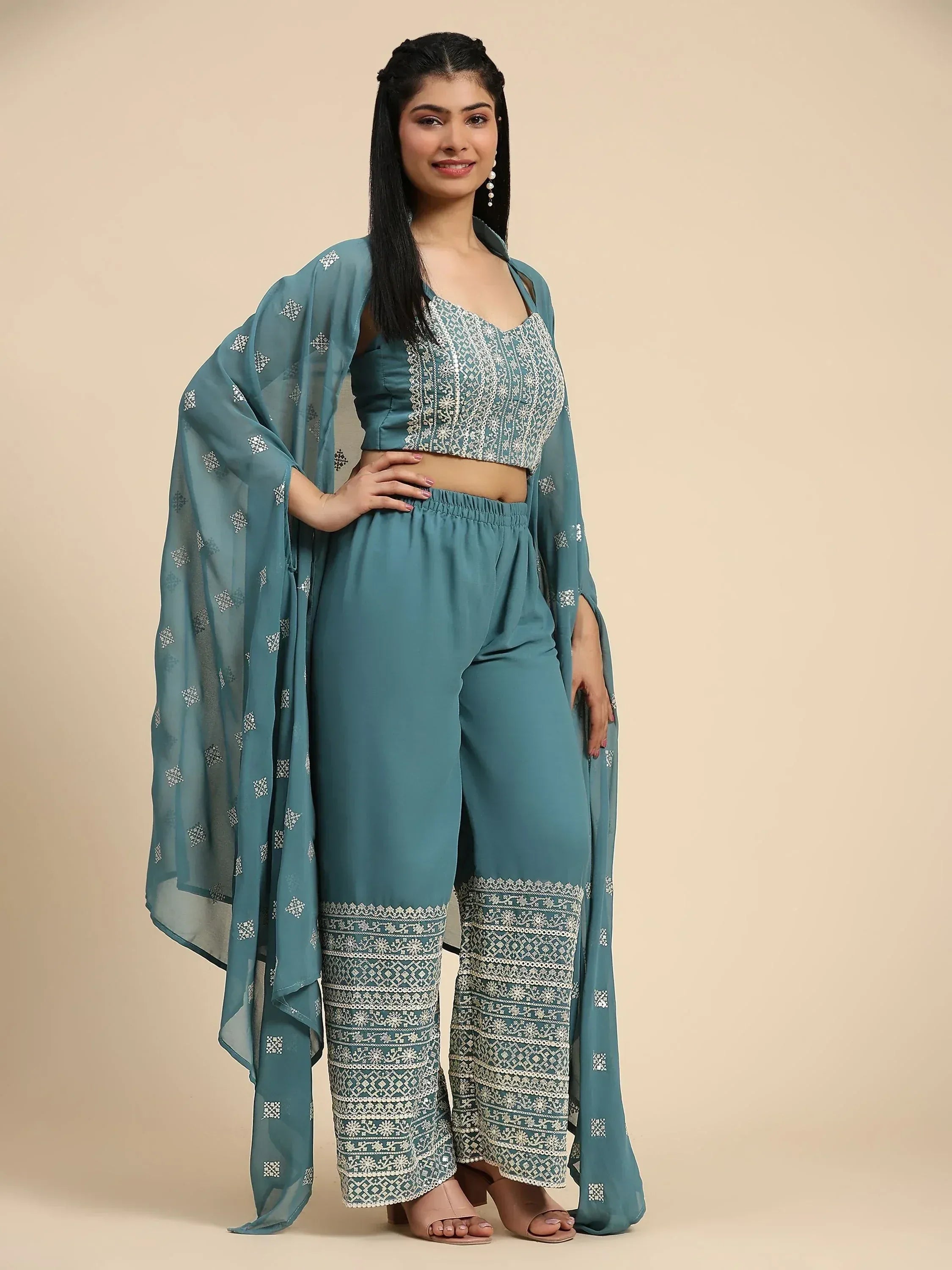 Teal embroidered palazzo set with matching dupatta, Indian ethnic wear for women