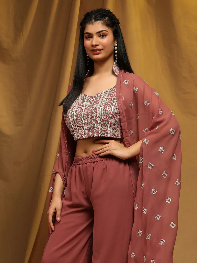 Captivating Rosy Brown Georgette Function Wear Palazzo Top With Shrug