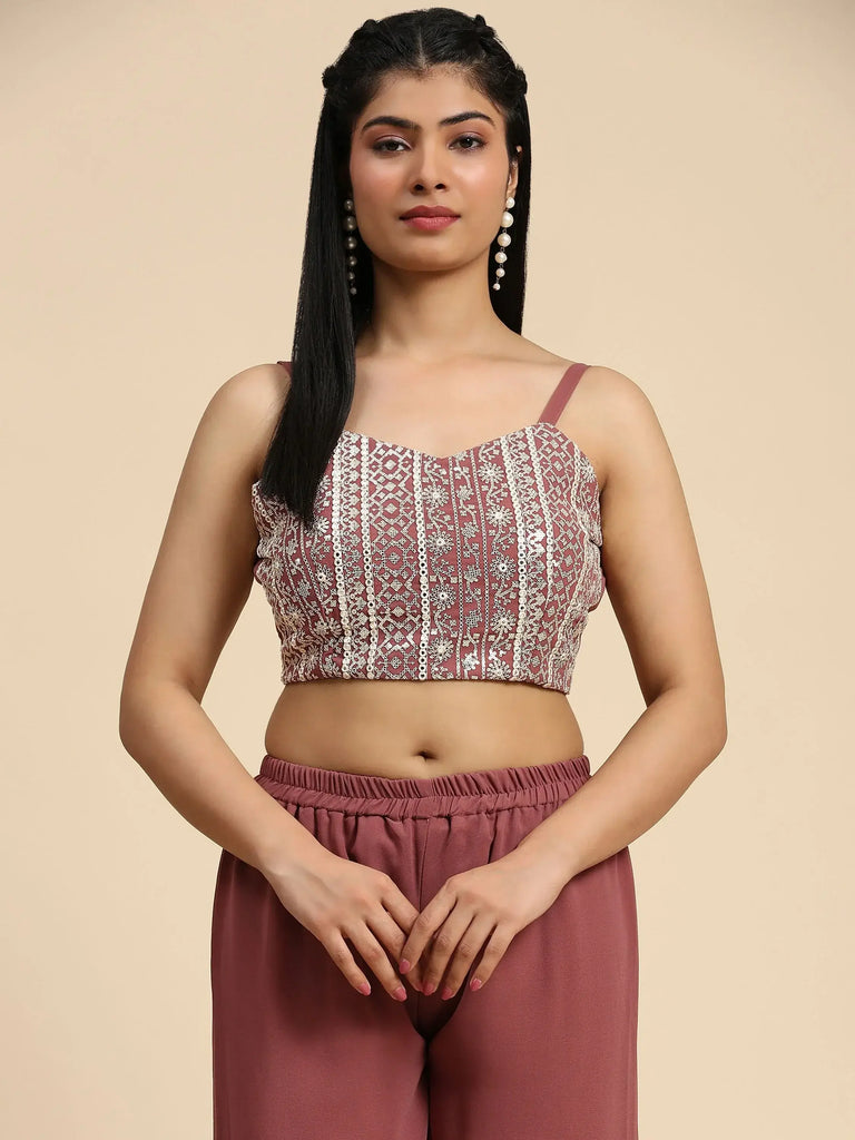 Captivating Rosy Brown Georgette Function Wear Palazzo Top With Shrug
