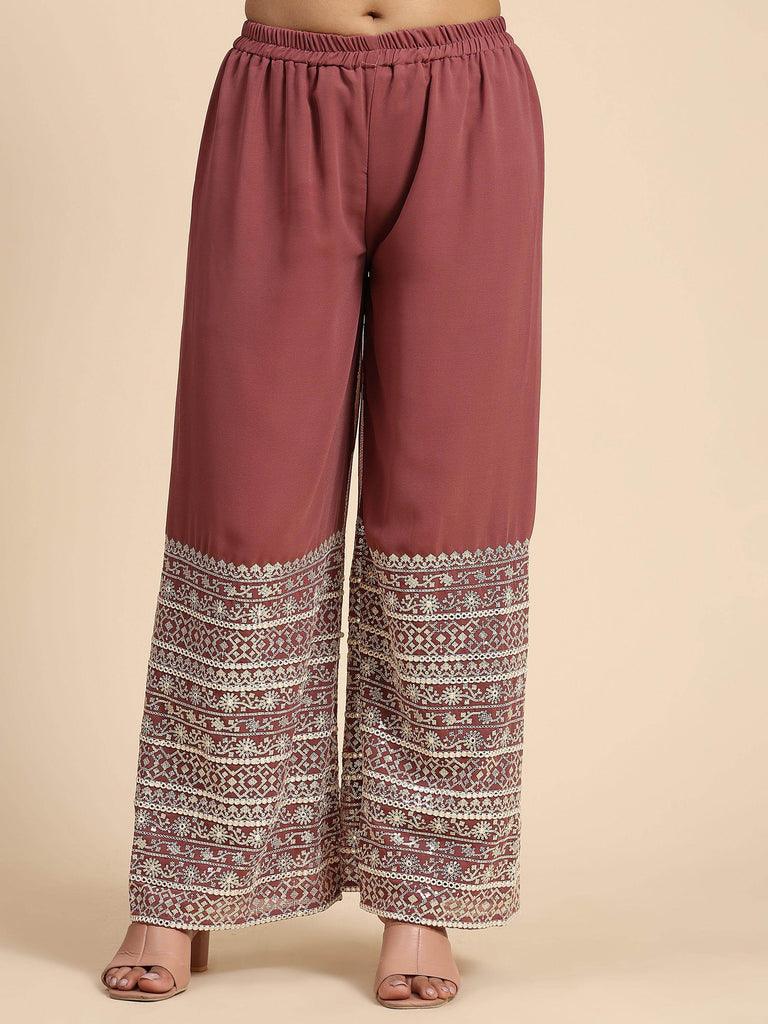 Captivating Rosy Brown Georgette Function Wear Palazzo Top With Shrug