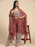 Captivating Rosy Brown Georgette Function Wear Palazzo Top With Shrug