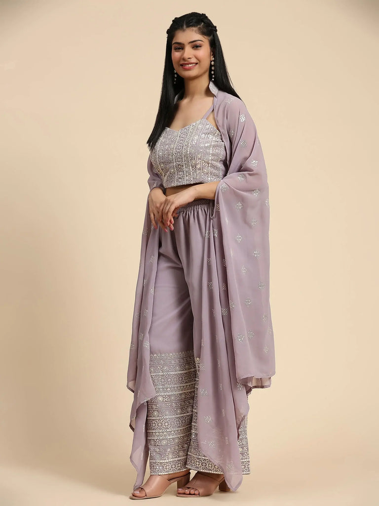Marvelous Lavender Georgette Event Wear Palazzo Top With Shrug