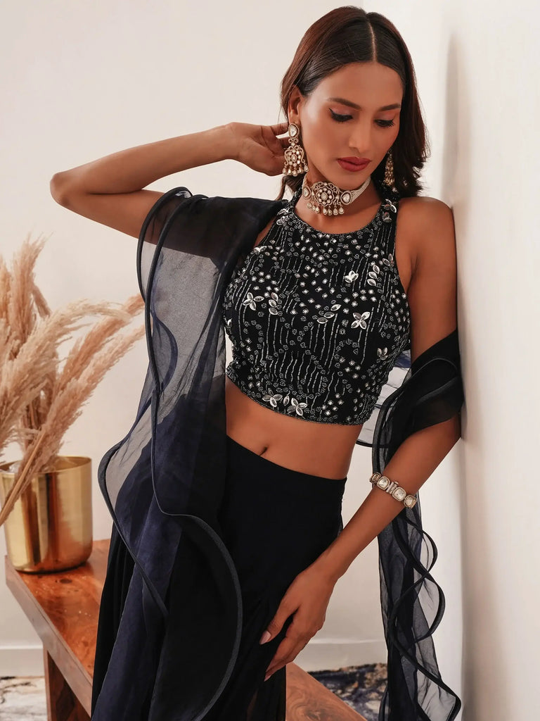 Pretty Black Embroidered Georgette Crop Top Palazzo With Dupatta