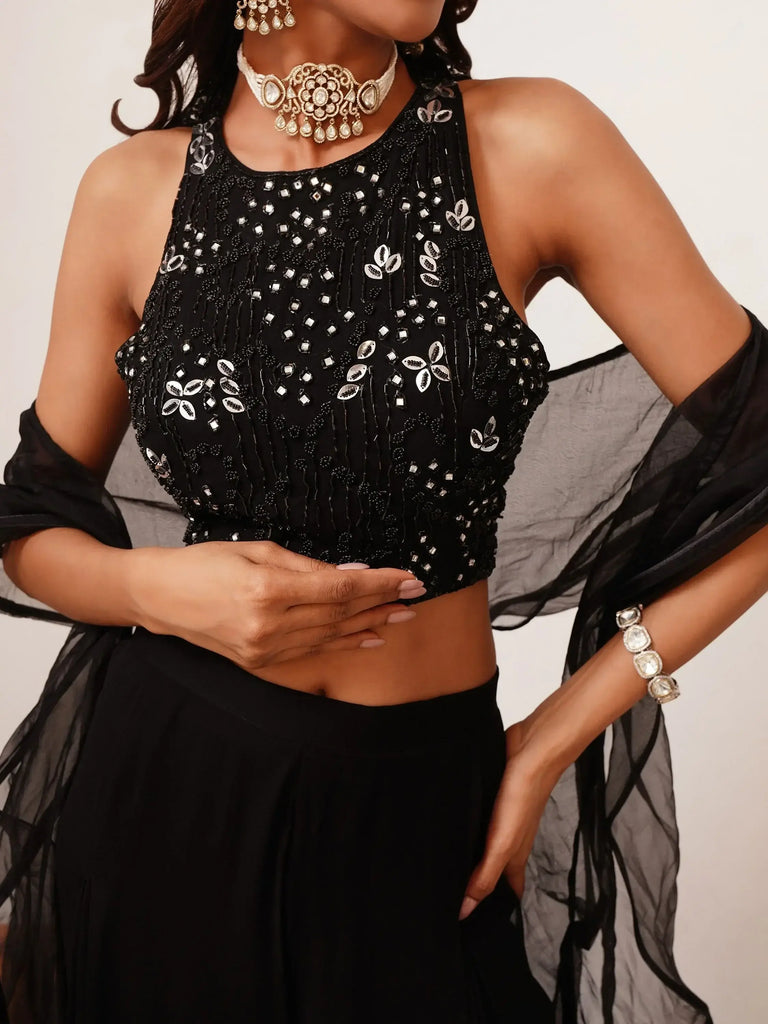 Pretty Black Embroidered Georgette Crop Top Palazzo With Dupatta