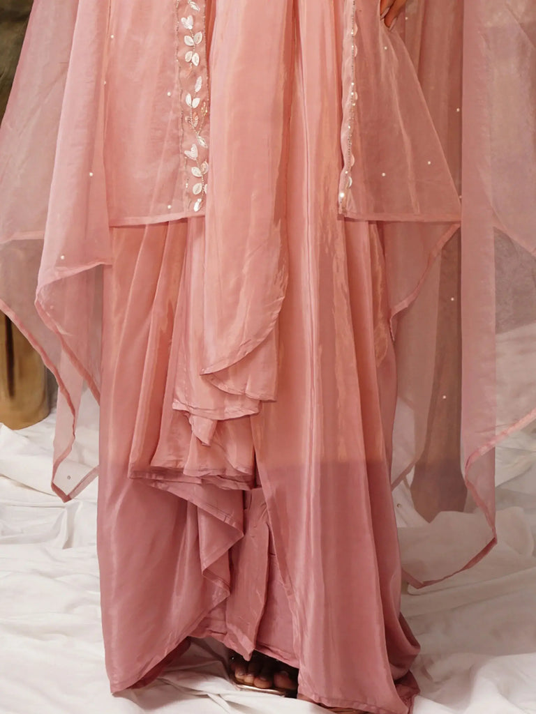 Beautiful Peach Crepe Embroidered Party Wear Palazzo Top With Shrug