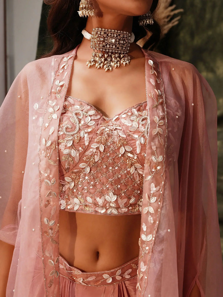Beautiful Peach Crepe Embroidered Party Wear Palazzo Top With Shrug