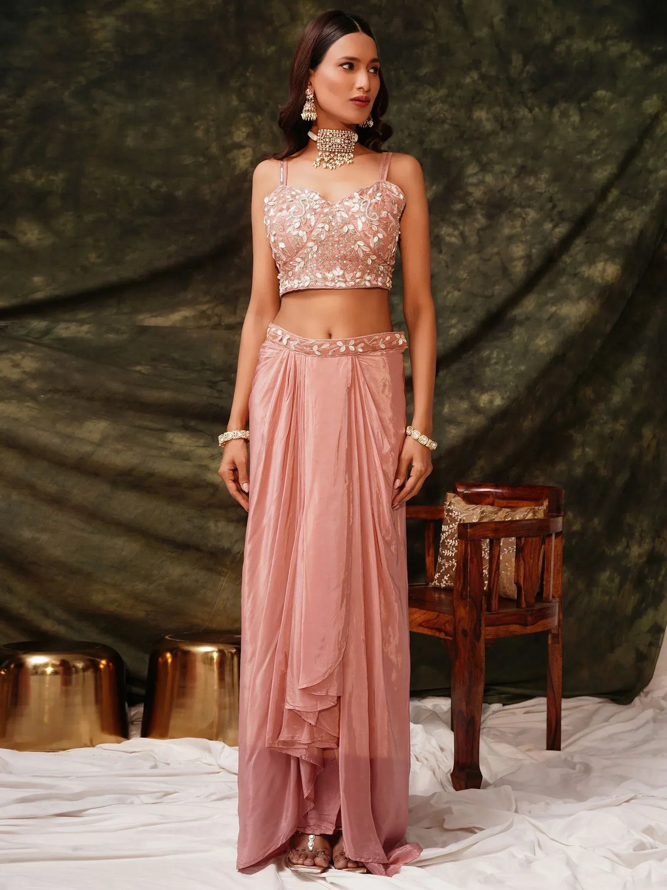 Pink embroidered crop top with layered drape skirt, Indian ethnic wear for women