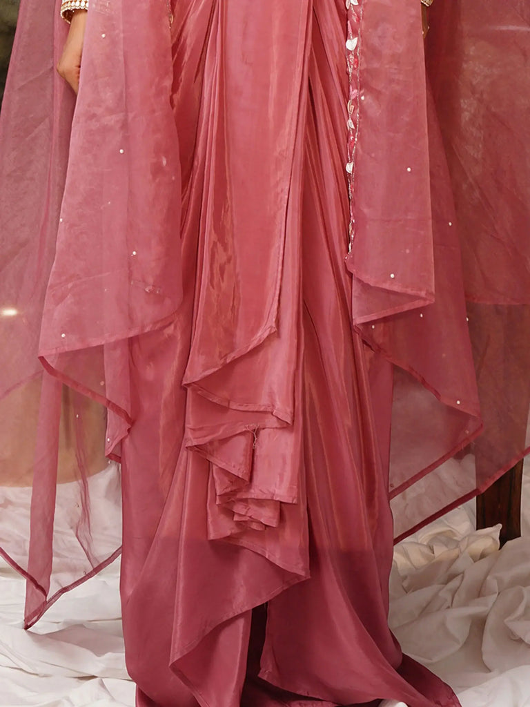 Beautiful Rose Gold Embroidered Reception Wear Palazzo Top With Shrug