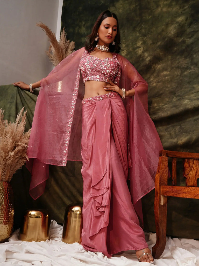 Beautiful Rose Gold Embroidered Reception Wear Palazzo Top With Shrug