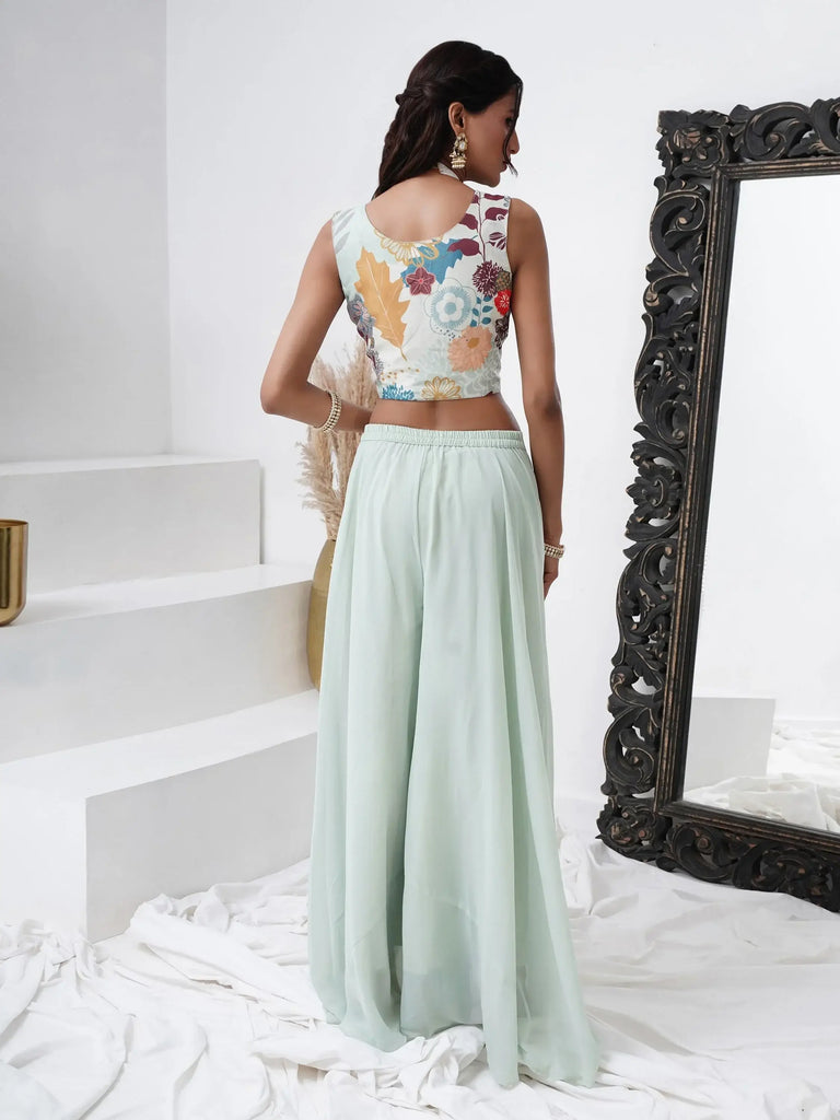 Attractive Aqua Blue Georgette Event Wear Crop Top Palazzo With Shrug