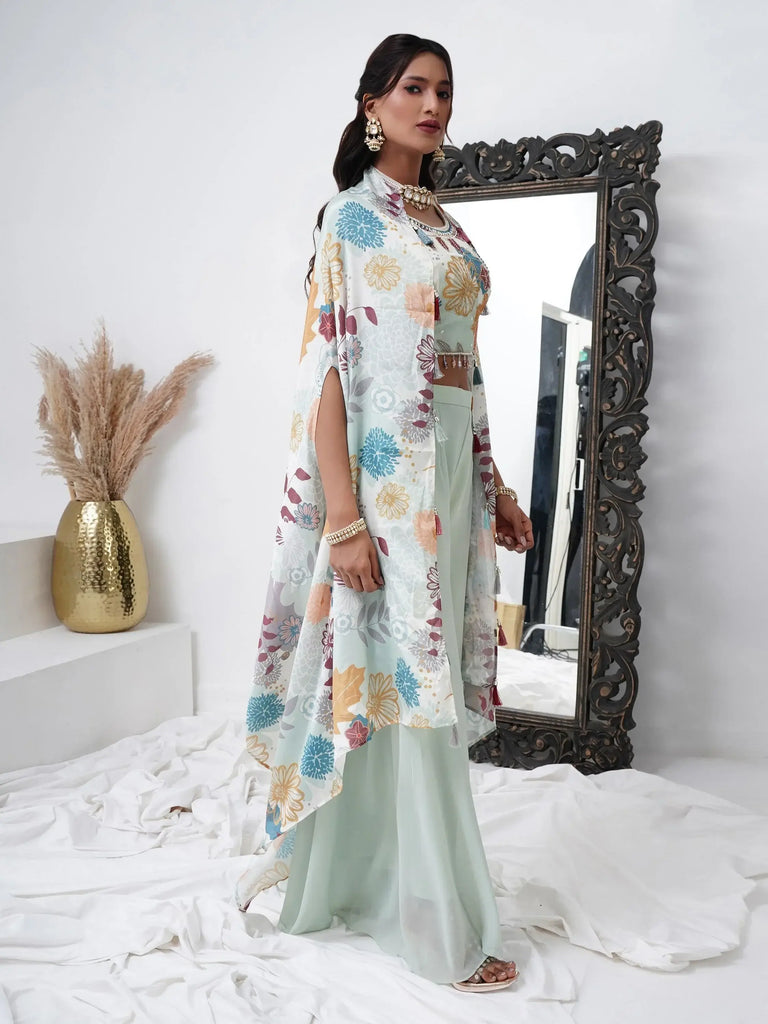 Attractive Aqua Blue Georgette Event Wear Crop Top Palazzo With Shrug