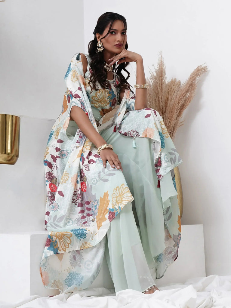 Attractive Aqua Blue Georgette Event Wear Crop Top Palazzo With Shrug